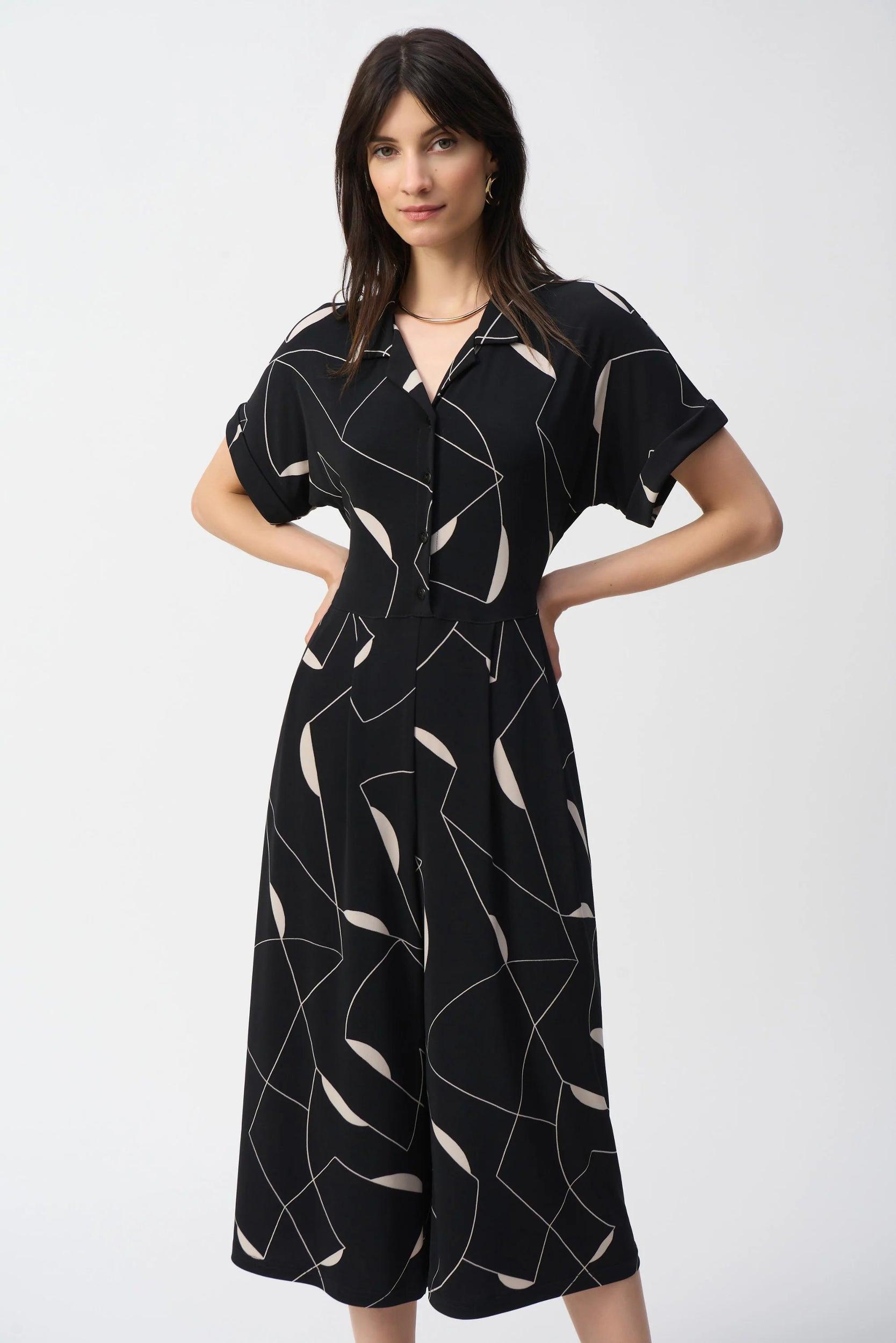 Silky Knit Geometric Print Culotte Jumpsuit- Black/Moonstone Product Image