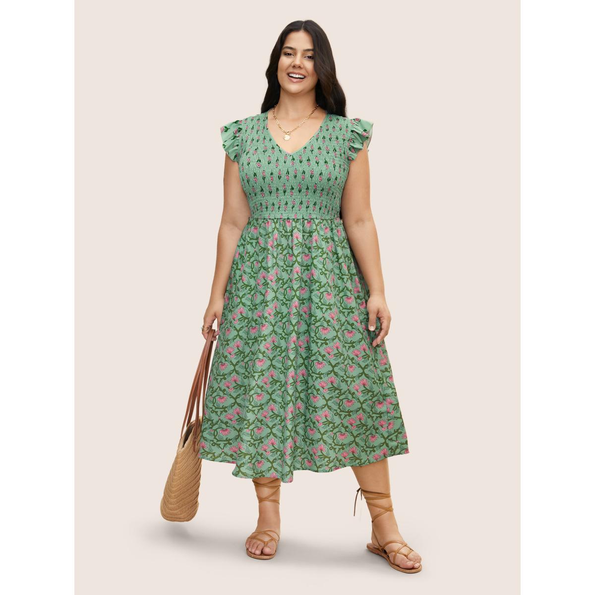 Plus Size Boho Print Shirred Ruffle Cap sleeve Dress Palemauve Women Resort Shirred V-neck Cap Sleeve Curvy BloomChic 22-24/3X Product Image