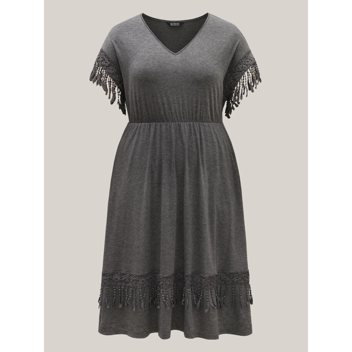 Plus Size Fringe Knit Plain V-Neck Midi Dress DarkGray Women Casual Woven ribbon&lace trim V-neck Cap Sleeve Curvy BloomChic 14-16/1X Product Image