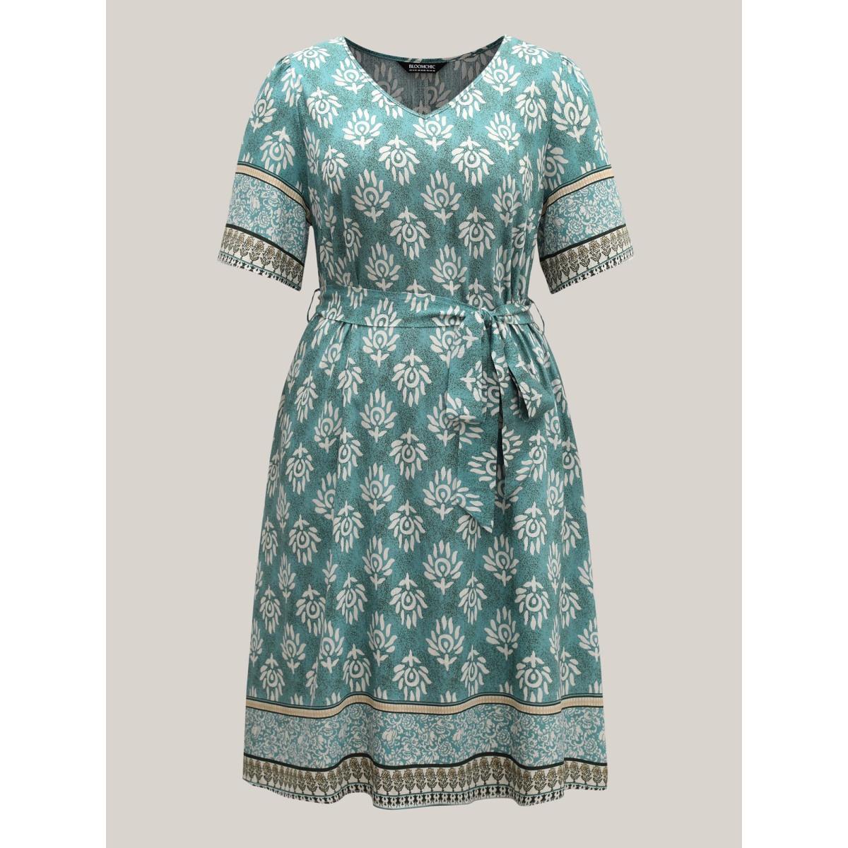 Plus Size Rayon Boho Print Tied Midi Dress Teal Women V-neck Short sleeve Curvy BloomChic 12/L Product Image