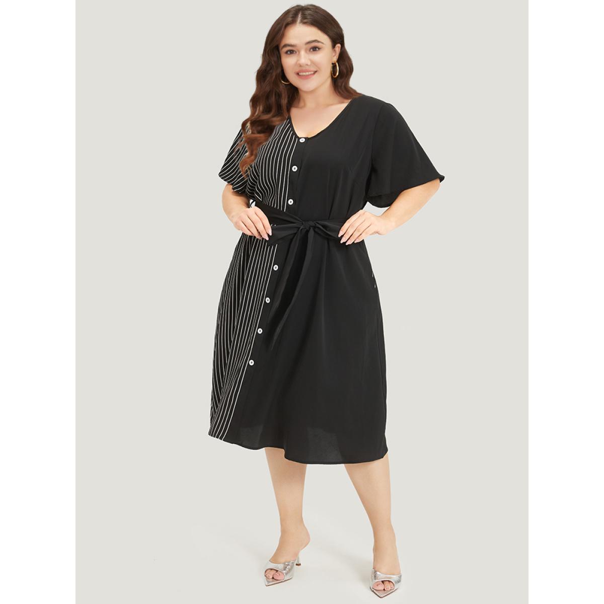Plus Size Striped Patchwork Pocket Button Detail Belted Dress Black Women Office Plain V-neck Short sleeve Curvy Midi Dress BloomChic 30/6X Product Image