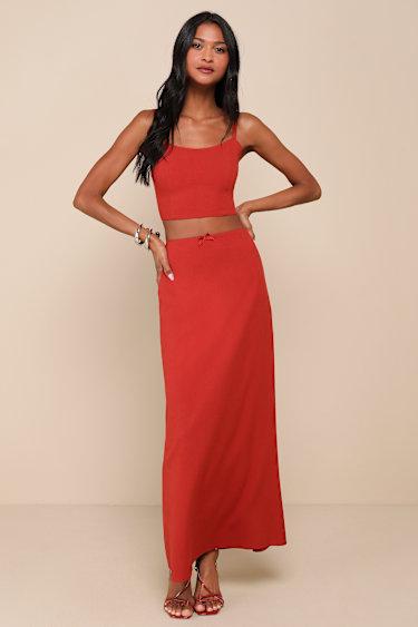 Romance in Rome Terracotta Lace-Up Two-Piece Maxi Dress Product Image