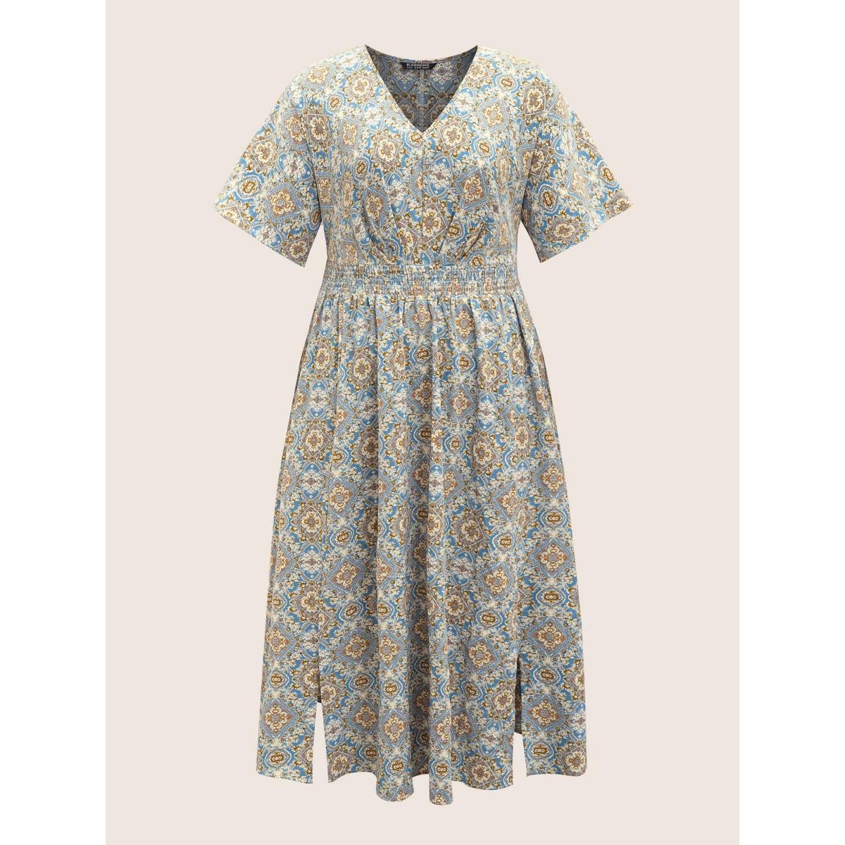 Plus Size Boho Print Shirred Pleated Maxi Dress Stone Women Resort Slit V-neck Half Sleeve Curvy BloomChic 22-24/3X Product Image