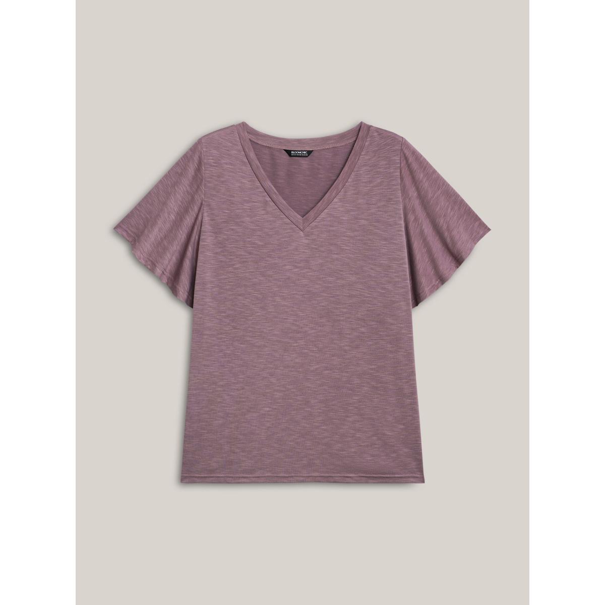 Plus Size V-Neck Stretchy Flared Sleeve T-Shirt DustyPink Women Leisure Ruffles V-neck Casual T-shirts BloomChic 10/M Product Image