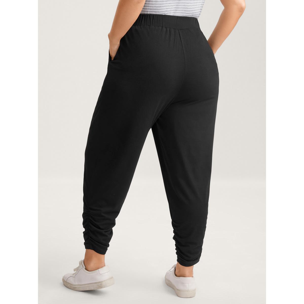 Plus Size Stretchy Straight-Leg Gathered Hem Pants Women Black Leisure Mid Rise Casual Pants BloomChic 30/6X Product Image