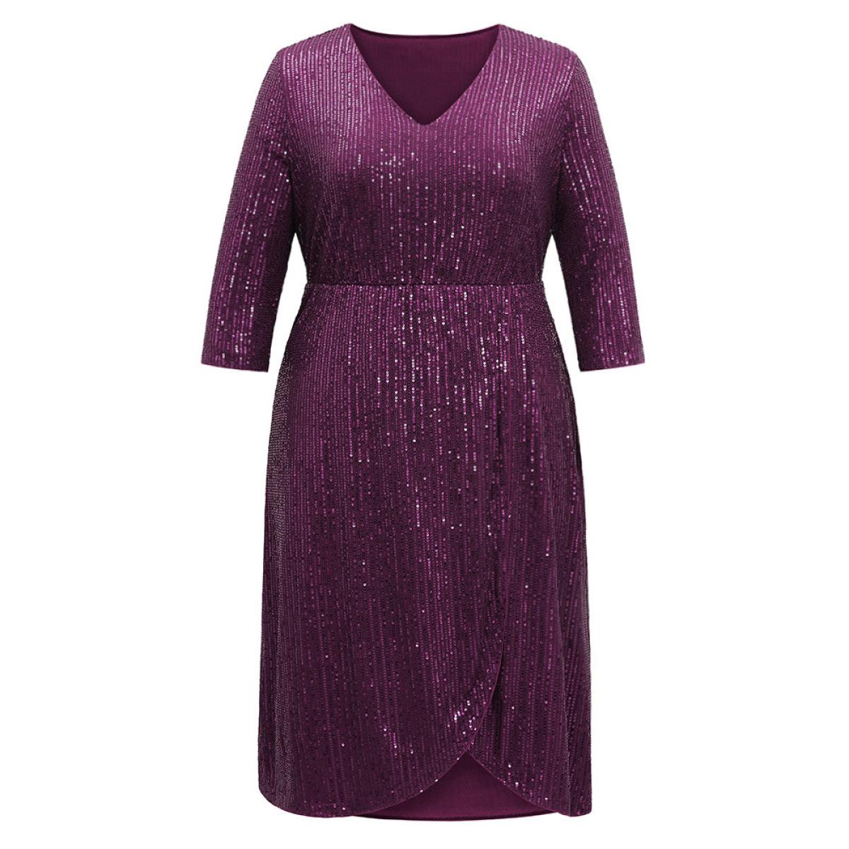 Plus Size Solid Sequin Wrap Hem Elastic Waist Dress Purple Women Cocktail Sequin V-neck Elbow-length sleeve Curvy Midi Dress BloomChic 28/5X Product Image
