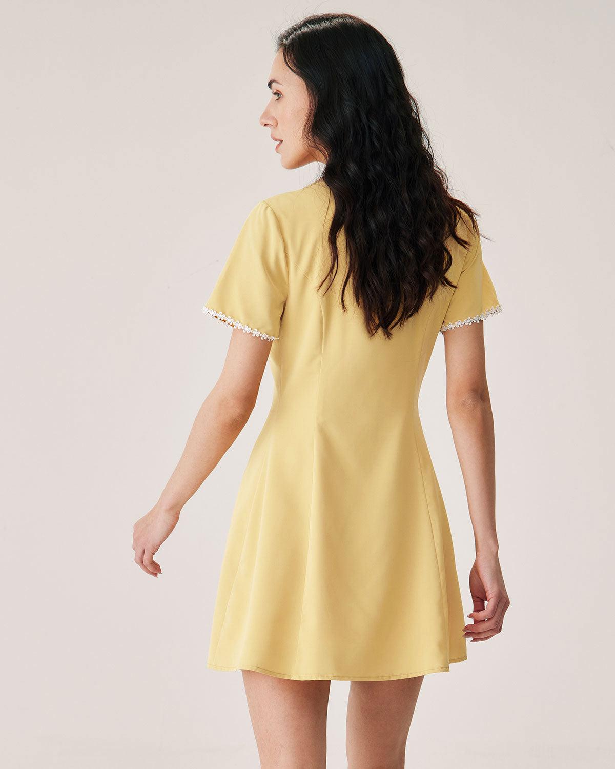 Yellow V-neck Button Mini Dress Product Image
