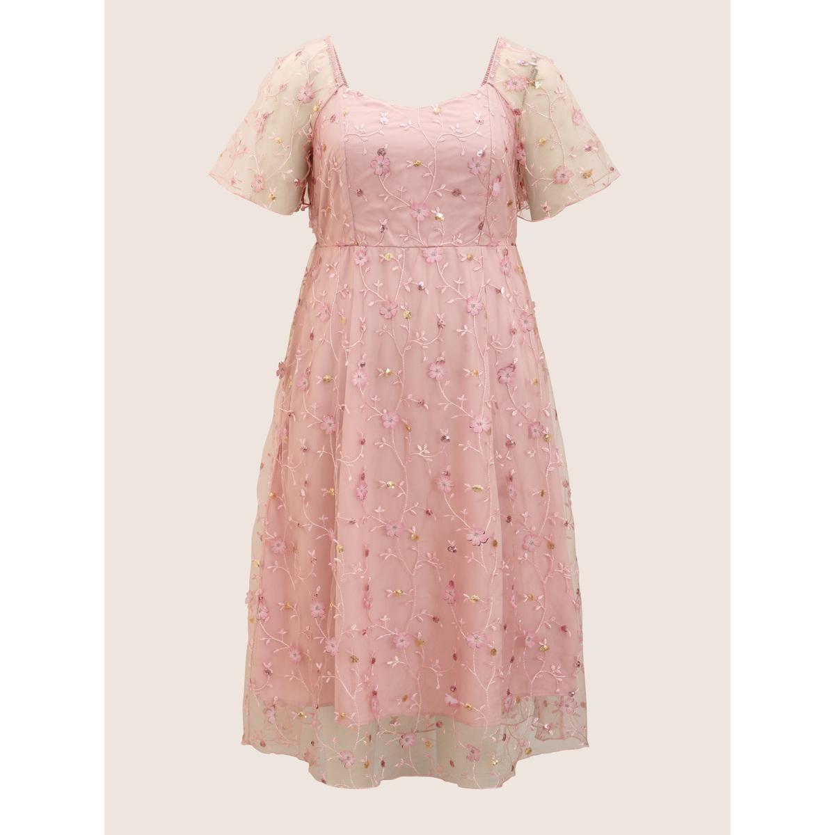 Plus Size Heart Neckline Floral Embroidered Sequin Mesh Dress Watermelon Women Formal Texture Heart neckline Half Sleeve Curvy BloomChic 10/M Product Image