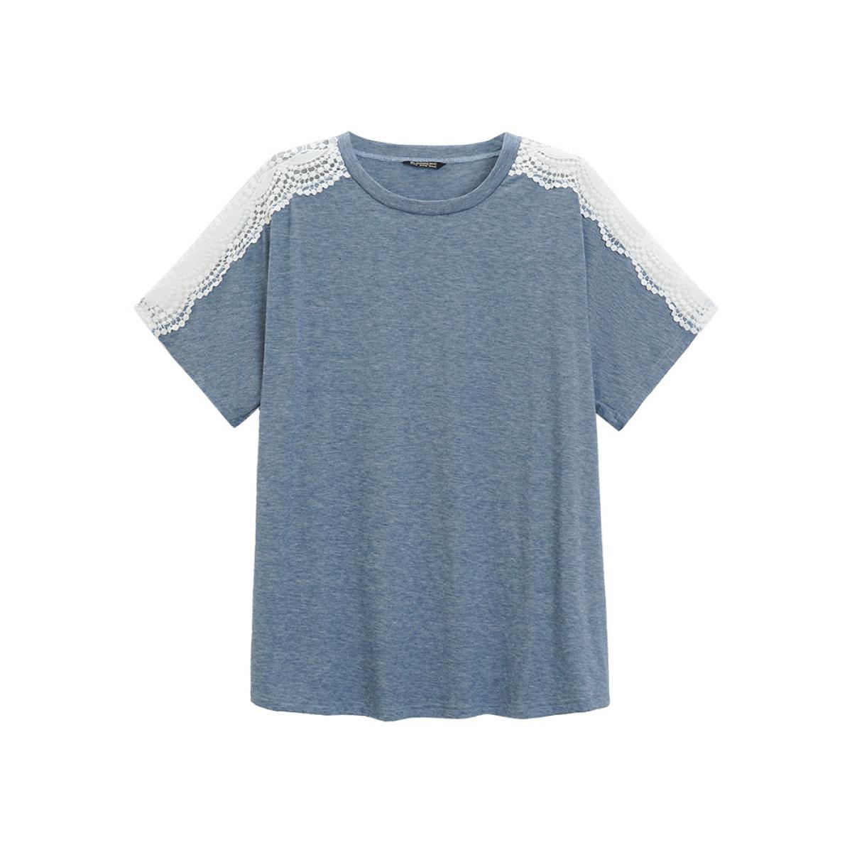 Plus Size Solid Contrast Lace Heather T-shirt Stone Women Elegant Heather Plain Round Neck Dailywear T-shirts BloomChic 14-16/1X Product Image