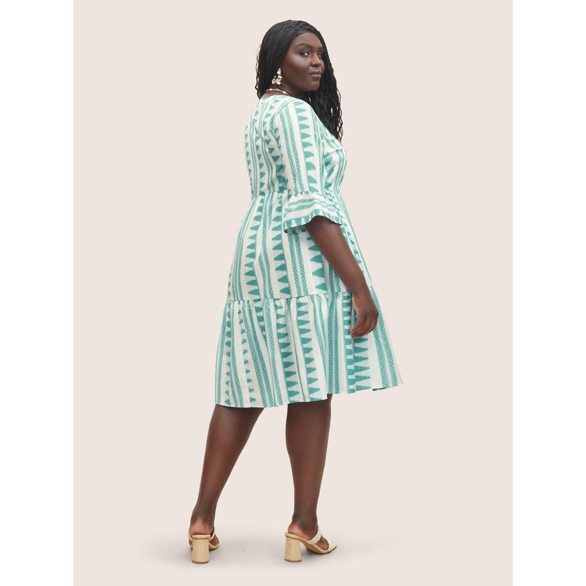 Plus Size Bandana Geometric Notched Ruffle Layered Hem Dress Turquoise Women Resort Non Notched collar Elbow-length sleeve Curvy Midi Dress BloomChic 30/6X Product Image