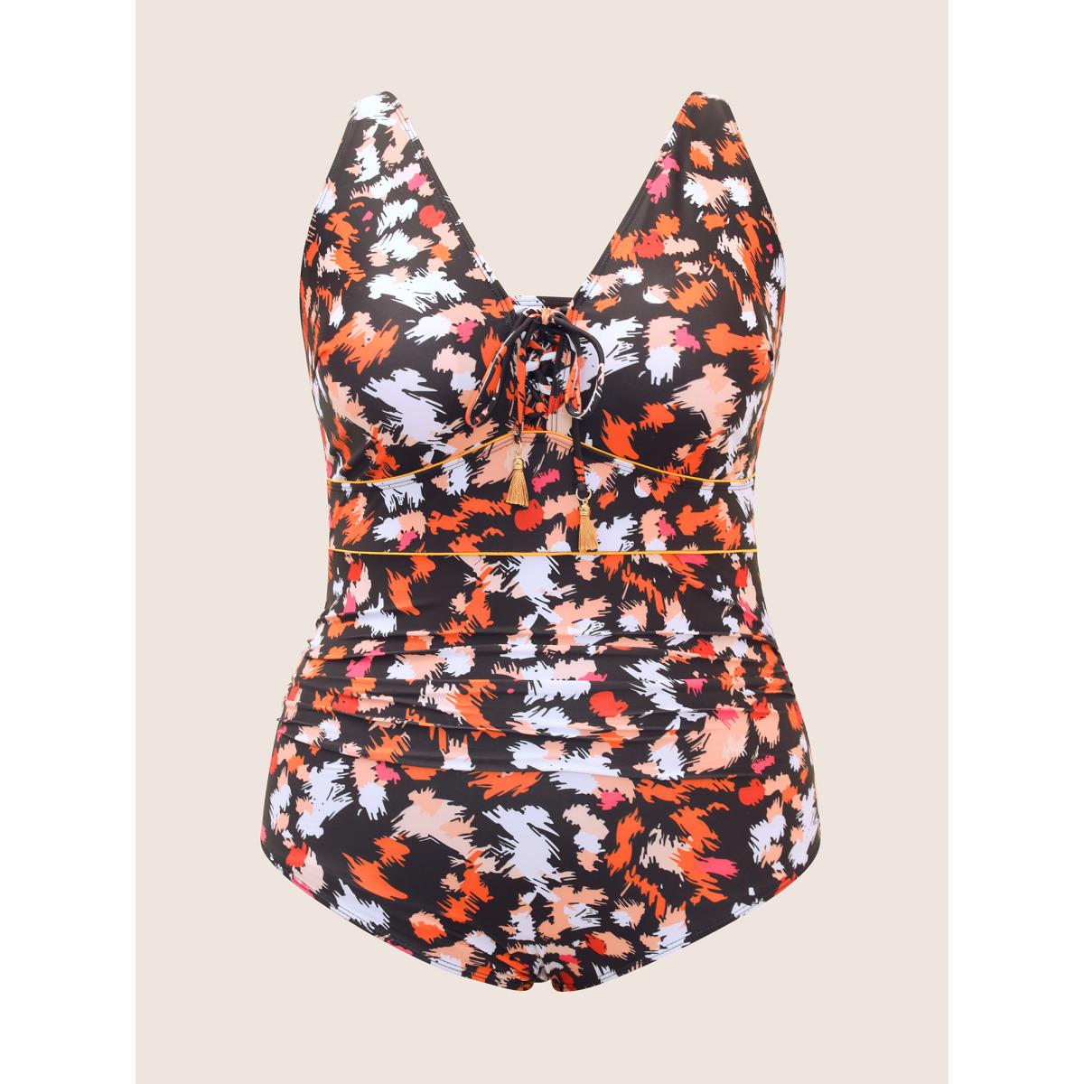 Plus Size Brush Print Ties Tassel One Piece Swimsuit Women's Swimwear Multicolor Beach Non Curve Bathing Suits Medium stretch One Pieces BloomChic 26/4X Product Image
