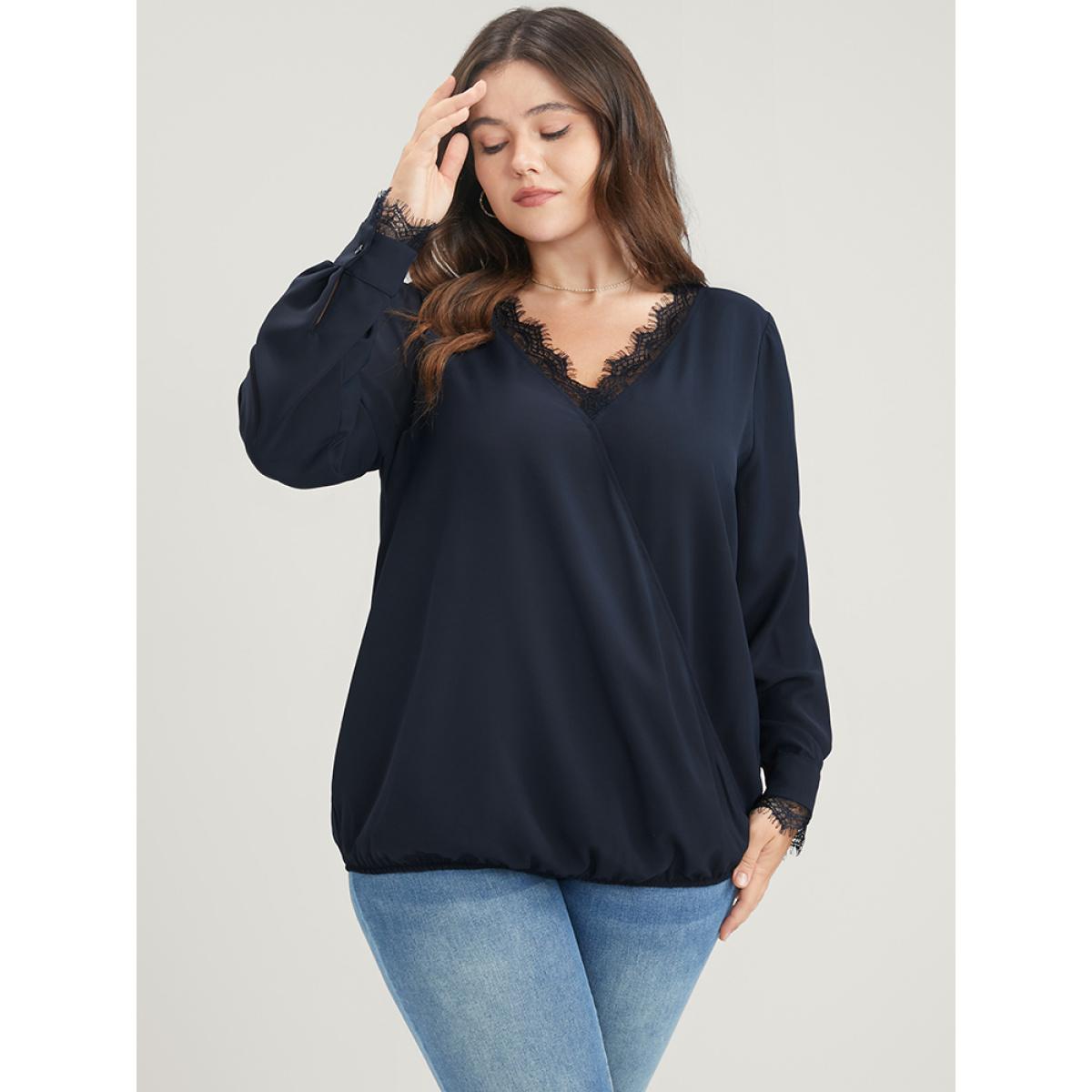 Plus Size DarkBlue Solid Lace Trim Wrap Blouse Women Elegant Long Sleeve V-neck Dailywear Blouses BloomChic 30/6X Product Image