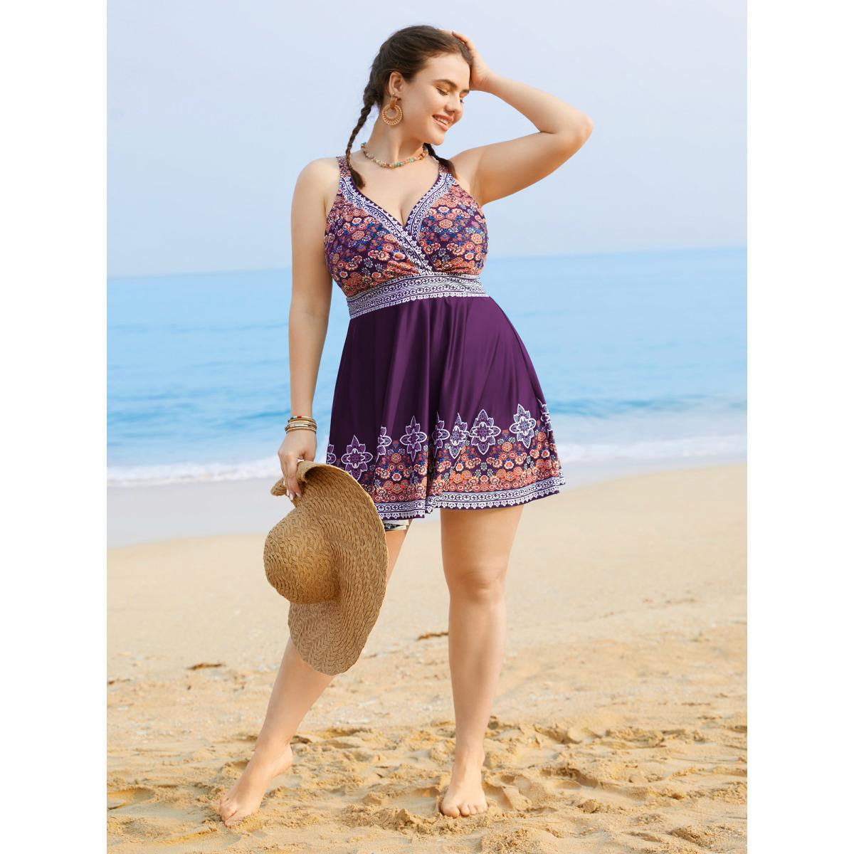 Plus Size Boho Print Surplice Neck Adjustable Swim Dress Women's Swimwear Deeppurple Beach Bodycon Overlap Collar High stretch Curve Swim Dresses BloomChic 18-20/2X Product Image