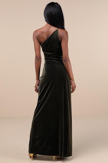 Elegant Era Olive Green Velvet One-Shoulder Maxi Dress Product Image