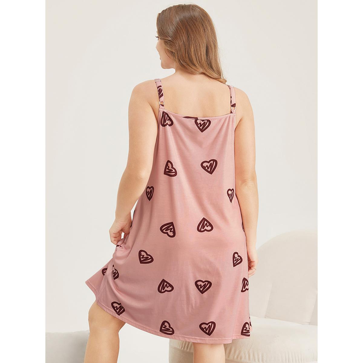 Plus Size Heart Print Pocket Spaghetti Strap Sleep Dress Women Rouge Casual Heart Print Spaghetti Strap Pocket Loungewear BloomChic 12/L Product Image