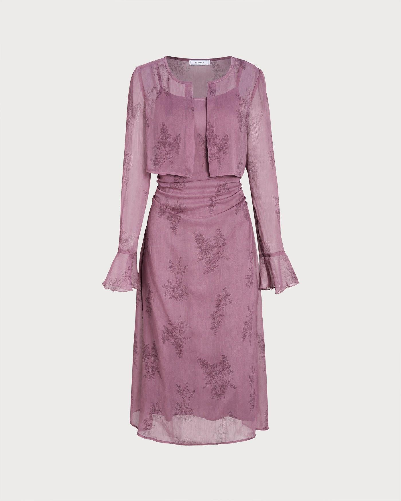 Purple Floral Ruched Slip Midi Dress Product Image