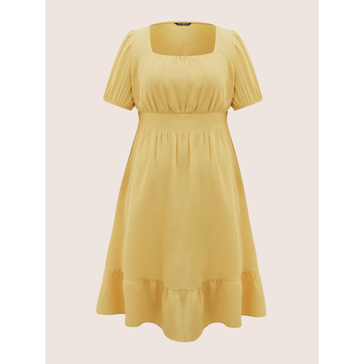 Plus Size Square Neck Gathered Lantern Sleeve Dress Yellow Women Elegant Non Square Neck Short sleeve Curvy Midi Dress BloomChic 14-16/1X Product Image
