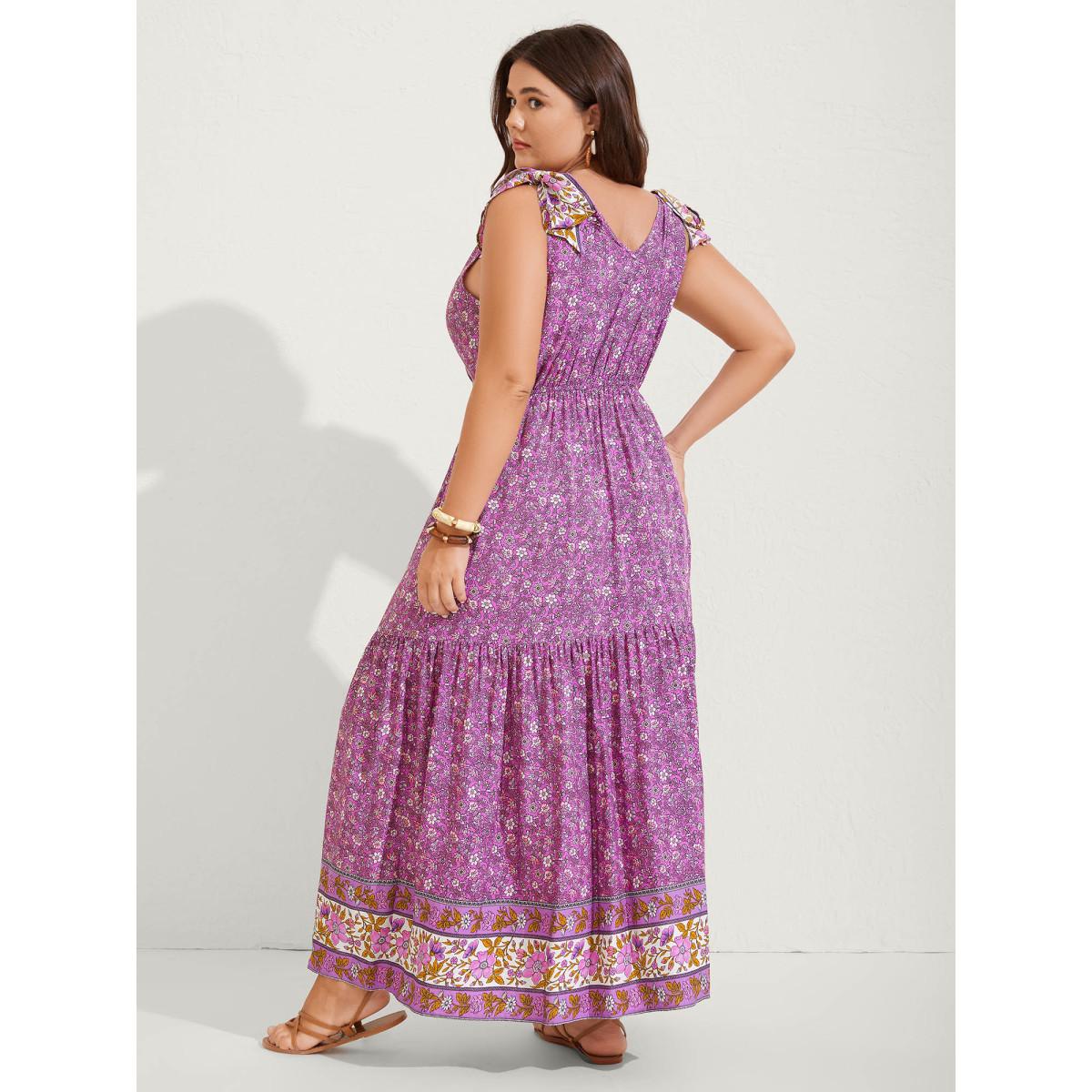 Plus Size Ribbon Shoulder Tie Tiered Maxi Dress DarkViolet Women Boho V-neck Sleeveless Curvy BloomChic 18-20/2X Product Image