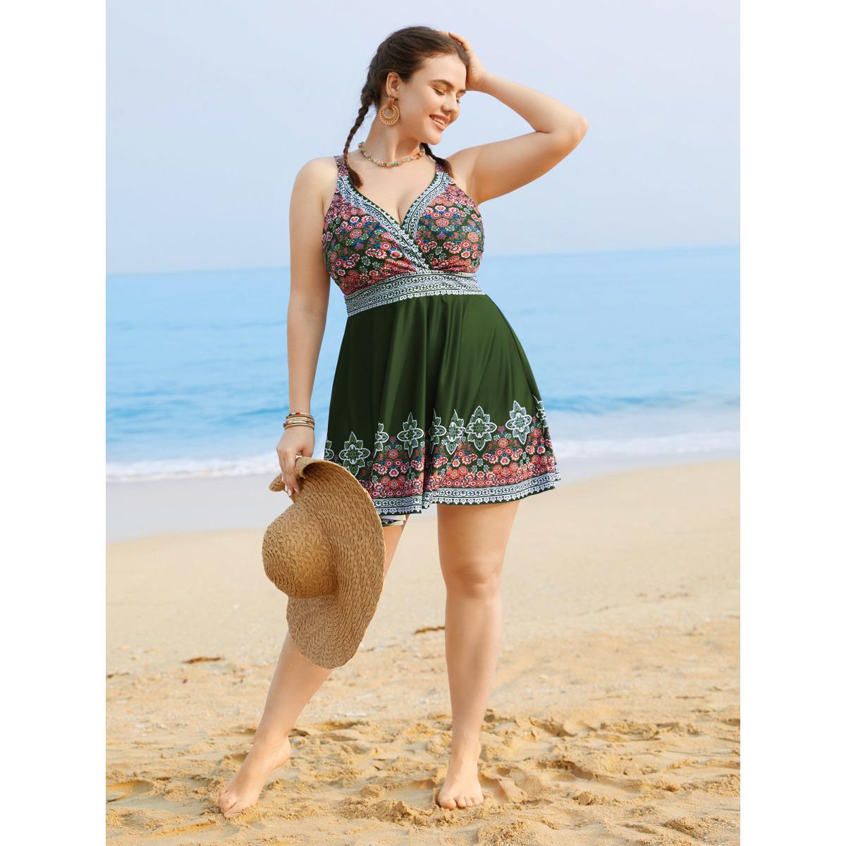 Plus Size Boho Print Surplice Neck Adjustable Swim Dress Women's Swimwear ArmyGreen Beach Bodycon Overlap Collar High stretch Curve Swim Dresses BloomChic 22-24/3X Product Image