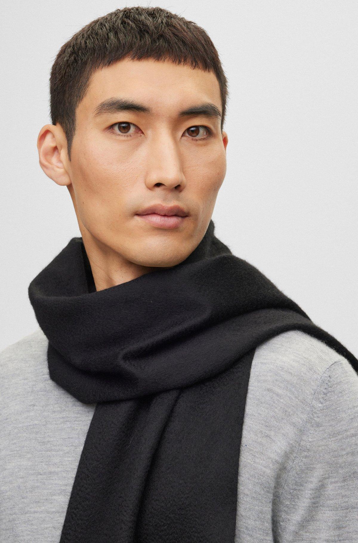 Fringed scarf in pure Italian cashmere with embroidered logo Product Image