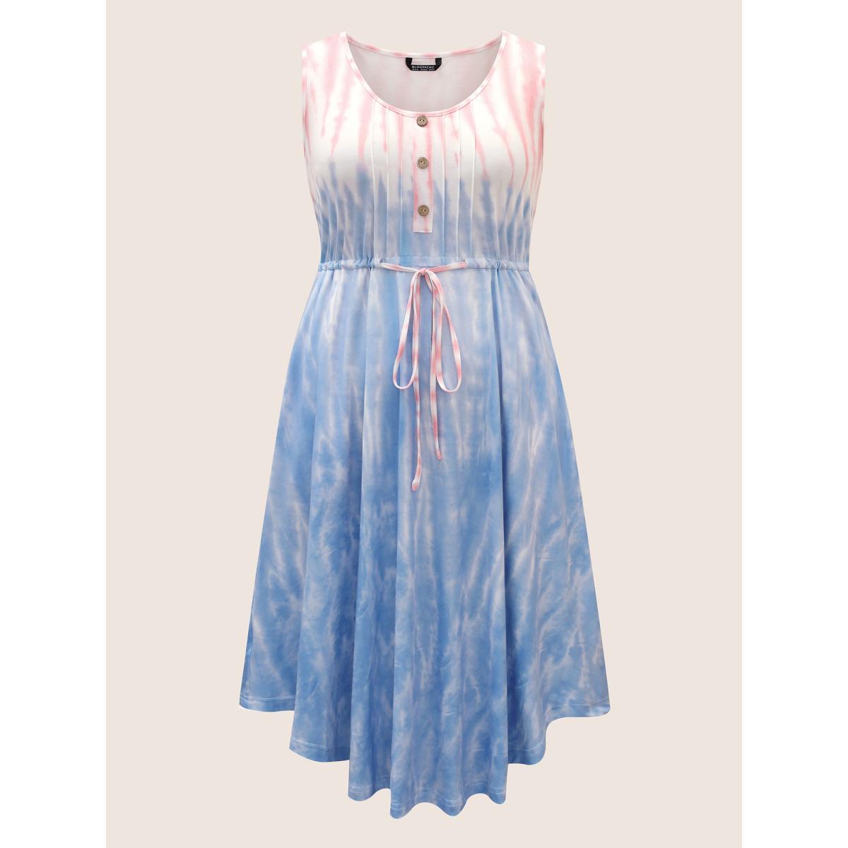 Plus Size Tie Dye Round Neck Drawstring Pleated Dress MistyRose Women Casual Drawstring Round Neck Sleeveless Curvy BloomChic 14-16/1X Product Image