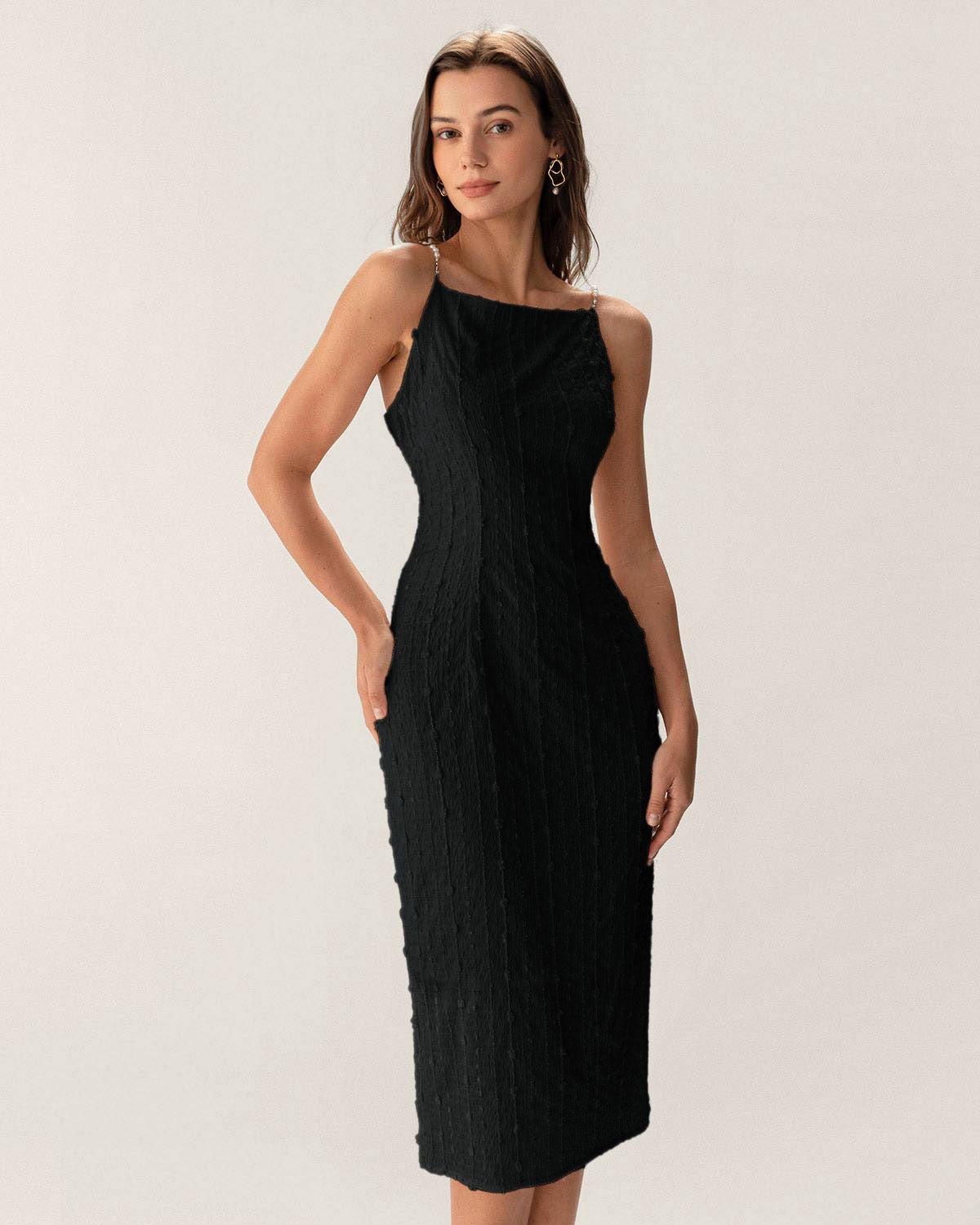 Black Textured Bodycon Beaded Strap Midi Dress Product Image