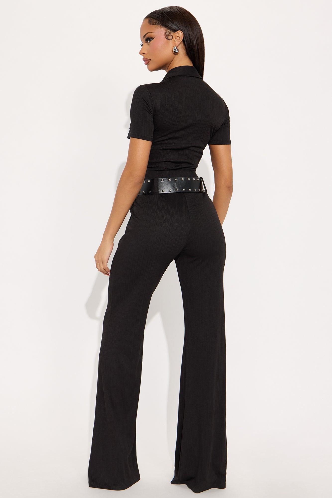Sophie Ribbed Belted Flared Jumpsuit - Black Female Product Image