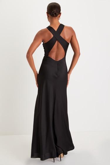 Effortlessly Sensational Black Satin Backless Maxi Dress Product Image