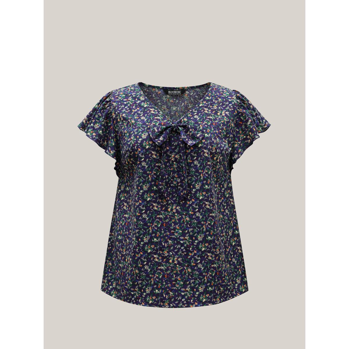 Plus Size DarkBlue Ditsy Floral Print Asymmetrical Ruffled Sleeve Blouse Women Elegant Cap Sleeve V-neck Everyday Blouses BloomChic 18-20/2X Product Image