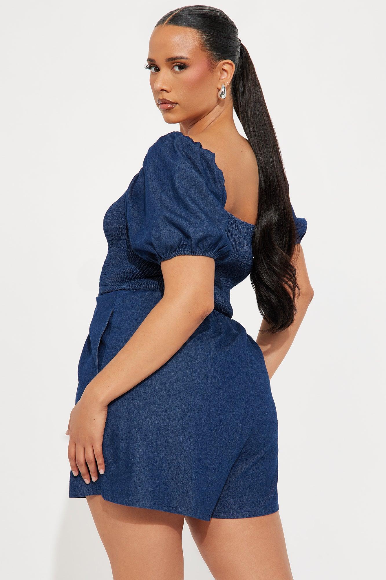 Playful Mood Denim Romper - Dark Wash Product Image