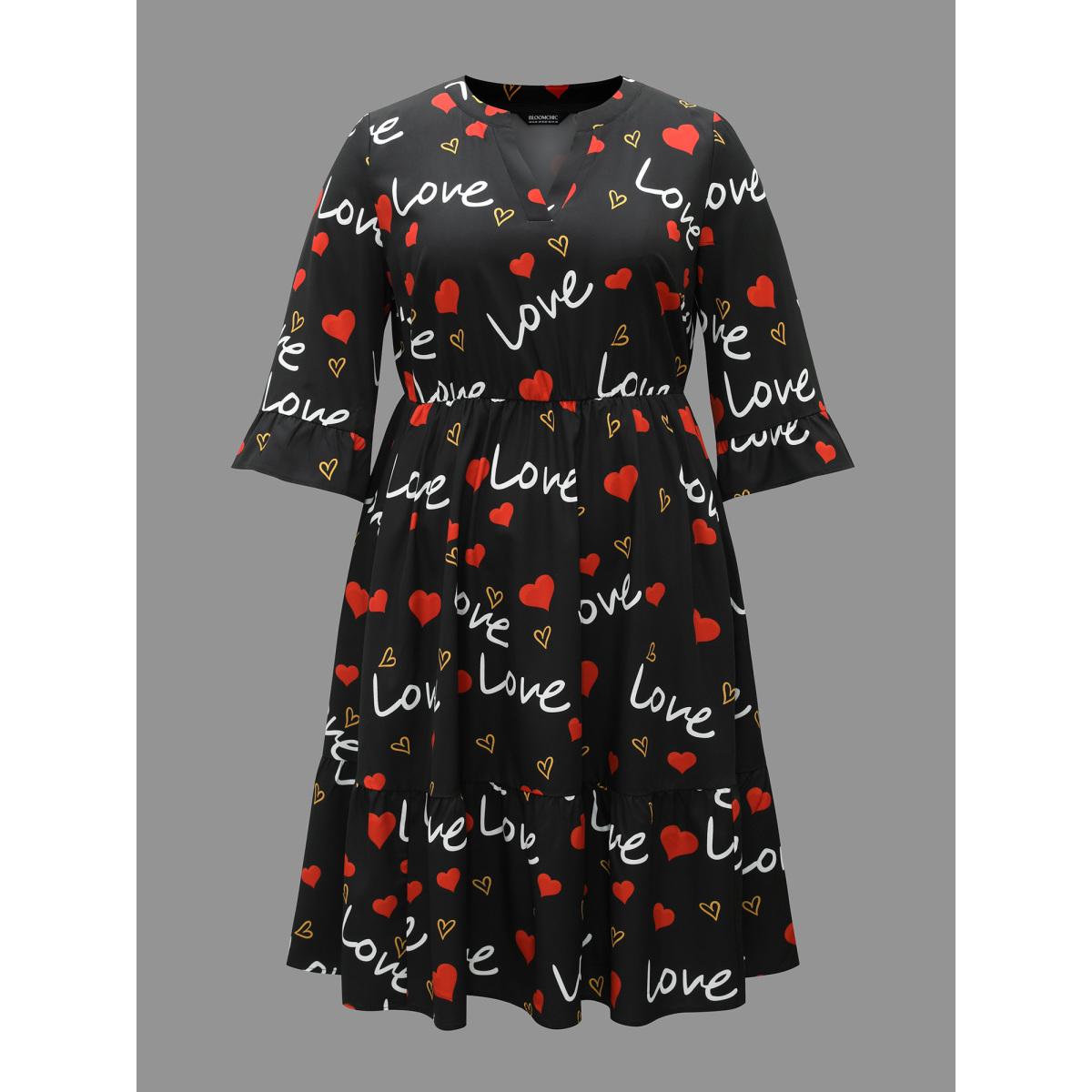 Plus Size Notched Collar Heart Print Tiered Midi Dress Black Women Elegant Non Flat collar with V-notch Elbow-length sleeve Curvy BloomChic 28/5X Product Image