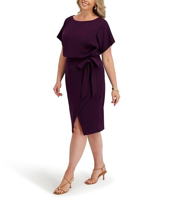 Kensie Plus Size Crepe Scuba Short Sleeve Bow Detail Knee Length Dress Product Image