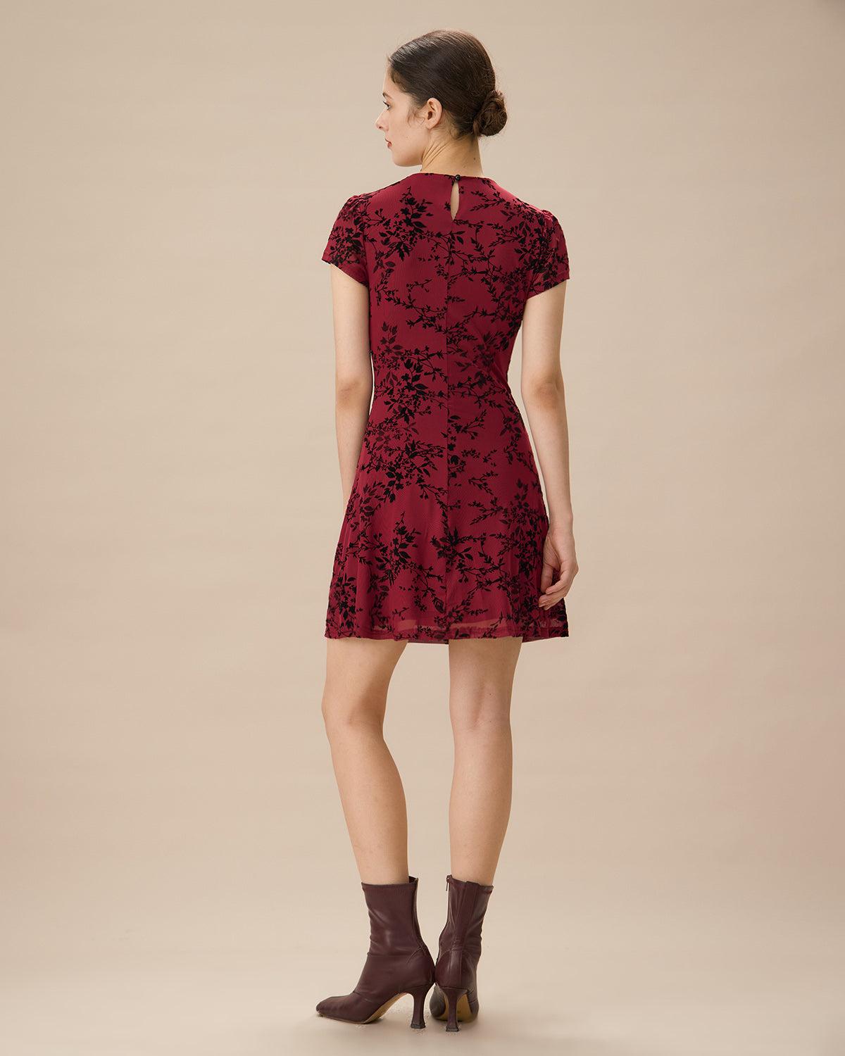 Red Floral Boat Neck Mini Dress Product Image