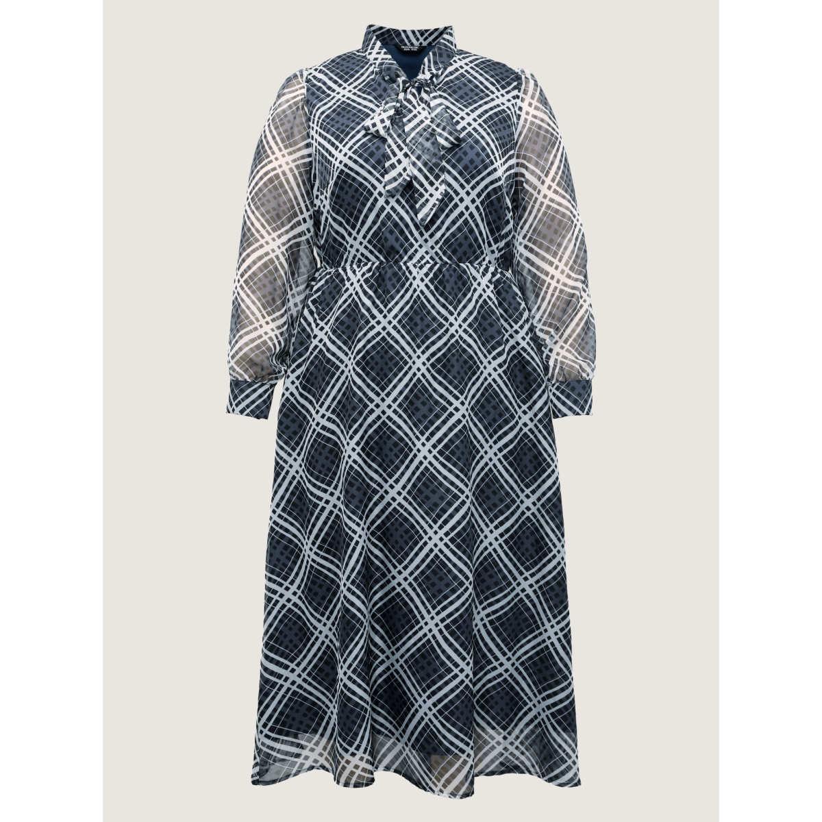 Plus Size Plaid Print Sheer Mesh Neck Tie Midi Dress Mediumblue Women Office Ribbon-tied collar Extra Long Sleeve Curvy BloomChic 26/4X Product Image