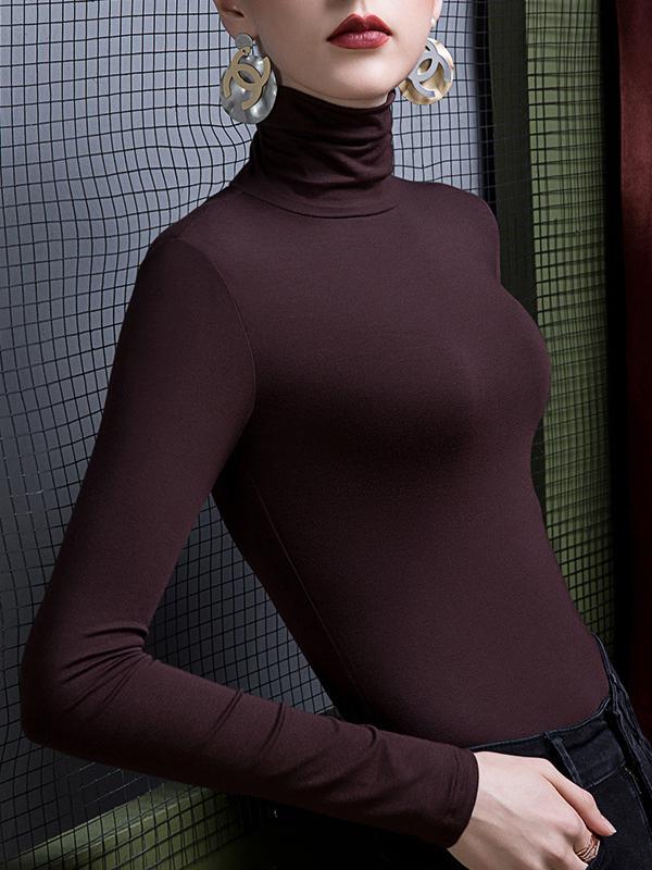 Long Sleeves Plus Size Solid Color Split-Joint High Neck T-Shirts Product Image