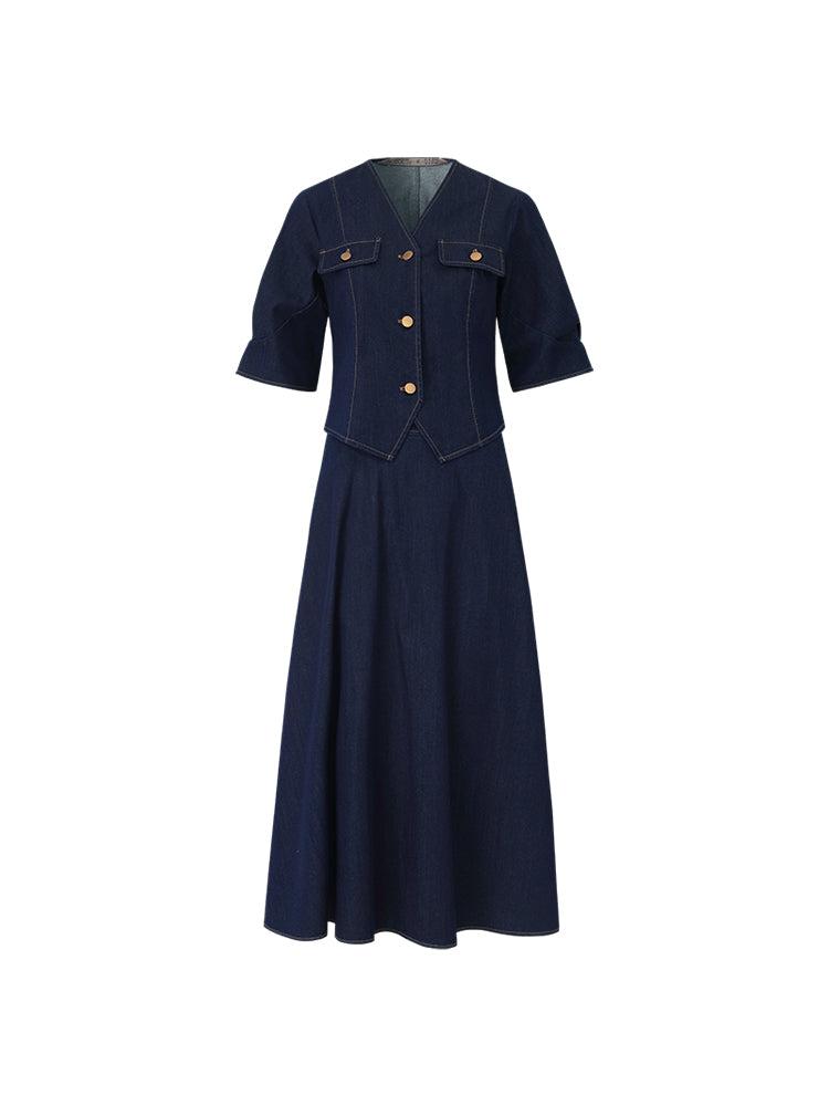 Denim V-Neck Top And Half Skirt Two-Piece Set Product Image