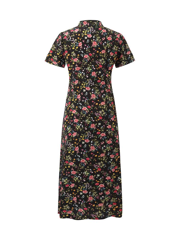 Mulberry Silk Slit Rose Print Women Qipao Midi Dress Product Image