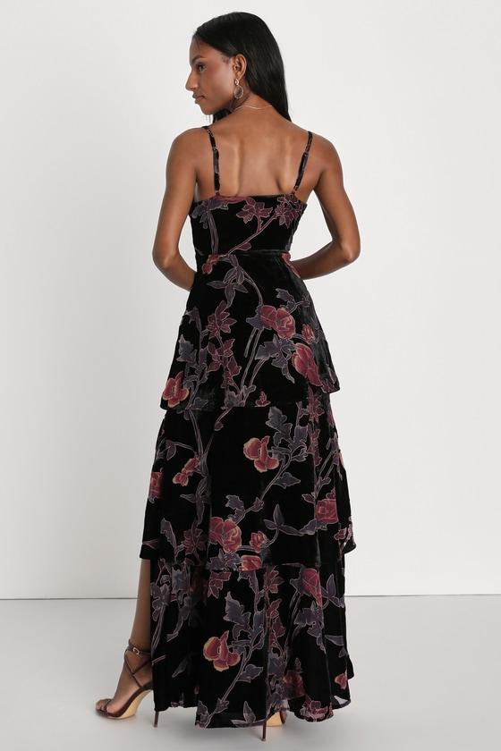 I Love You Amore Black Floral Velvet Tiered Maxi Dress Product Image