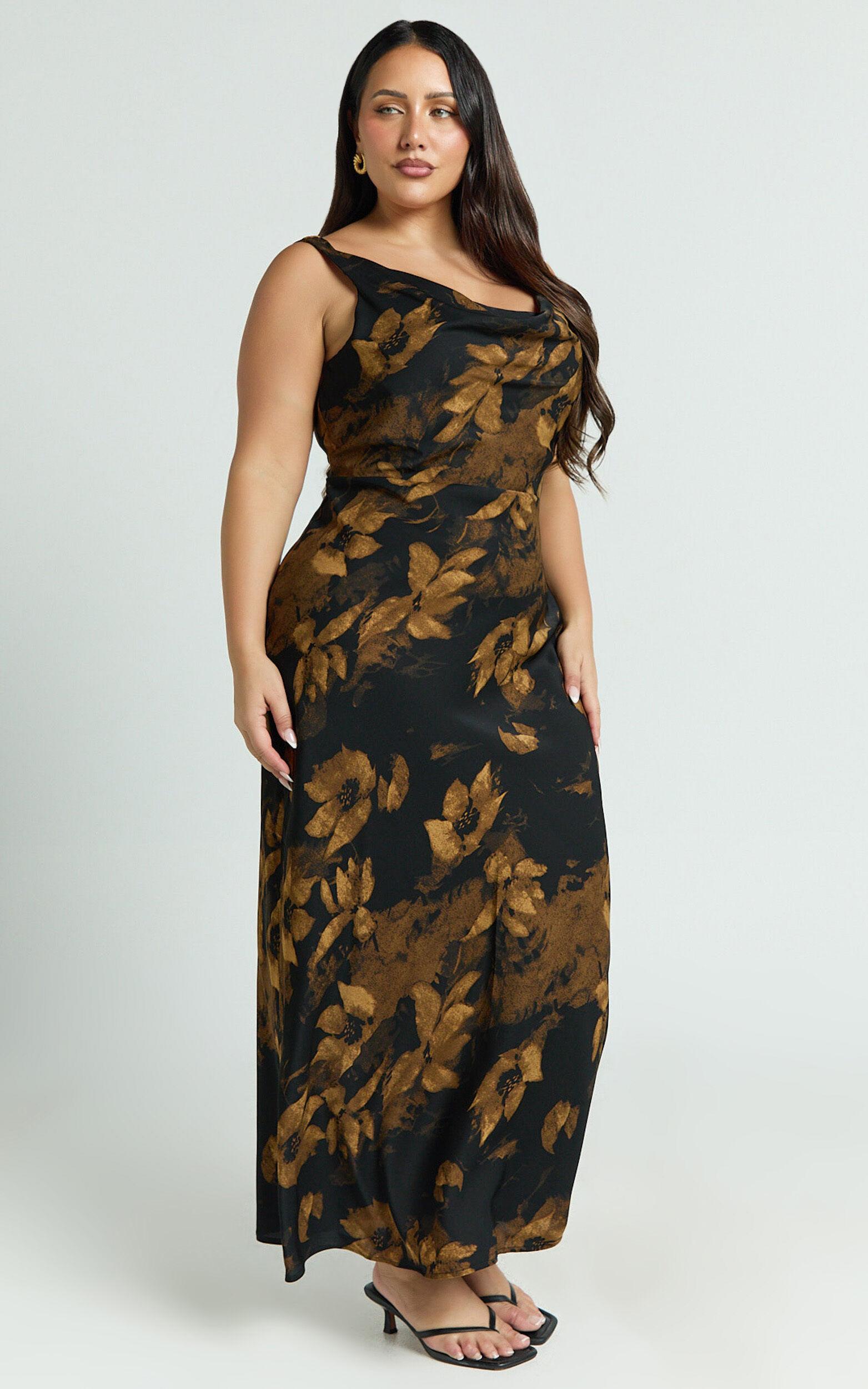 Dara Midi Dress - Low Neck Sleeveless Slip Dress in Amber Floral Print Product Image