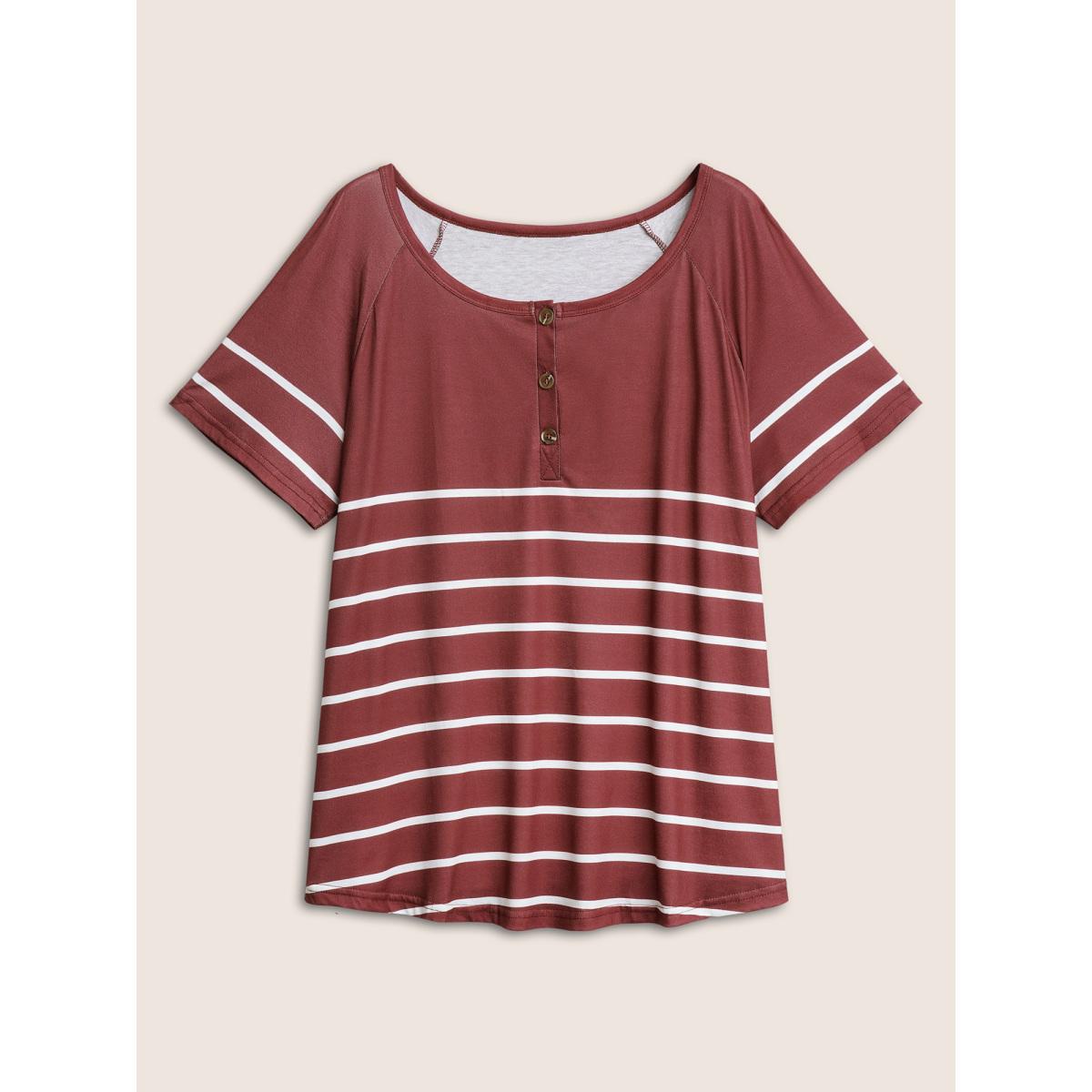 Plus Size Striped Print Raglan Sleeve Button Up T-shirt Burgundy Women Casual Contrast Striped Round Neck Everyday T-shirts BloomChic 26/4X Product Image