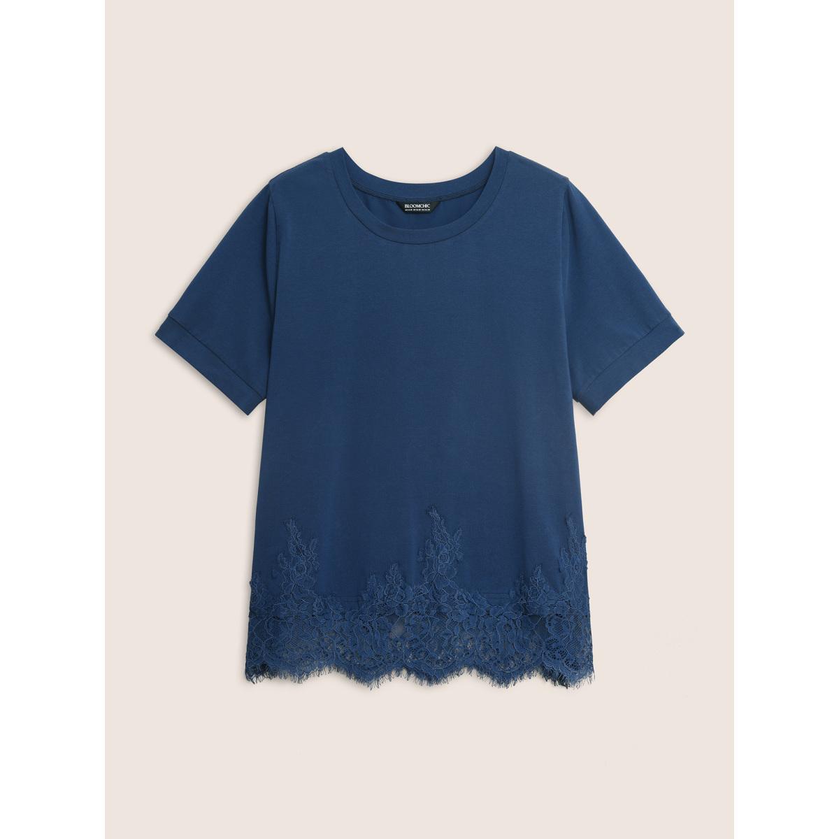 Plus Size Round Neck Solid Lace Panel T-shirt Indigo Women Elegant Patchwork Round Neck Everyday T-shirts BloomChic 12/L Product Image