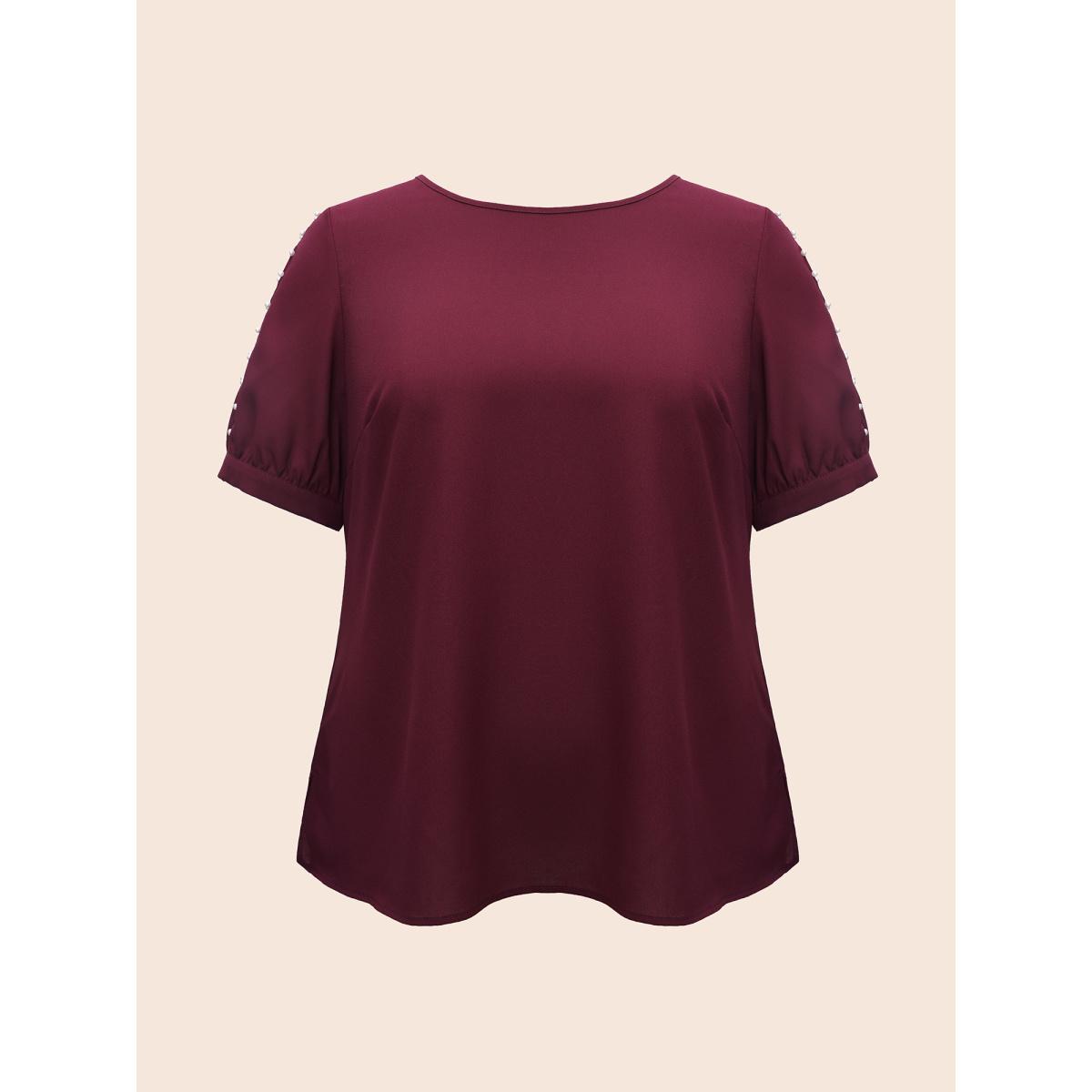 Plus Size Burgundy Round Neck Pearl Beaded Cut Out Blouse Women Elegant Short sleeve Round Neck Everyday Blouses BloomChic 30/6X Product Image
