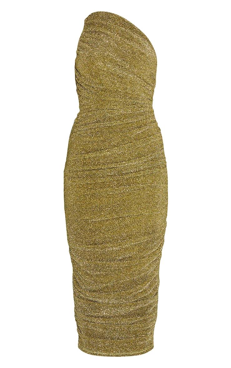 Gold Glitter Plisse Ruched One Shoulder Midi Dress Product Image
