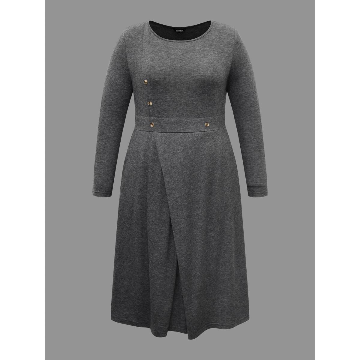 Plus Size Solid Button Detail Wrap Hem Knit Dress DarkGray Women Casual Overlapping Knit Dresses Bloomchic 14-16/1X Product Image