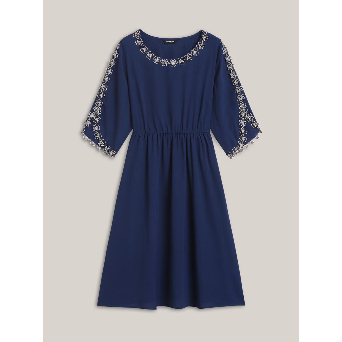 Plus Size Lace Detail Trumpet Sleeve Midi Dress DarkBlue Women Office Overlapping Boat Neck Elbow-length sleeve Curvy BloomChic 28/5X Product Image
