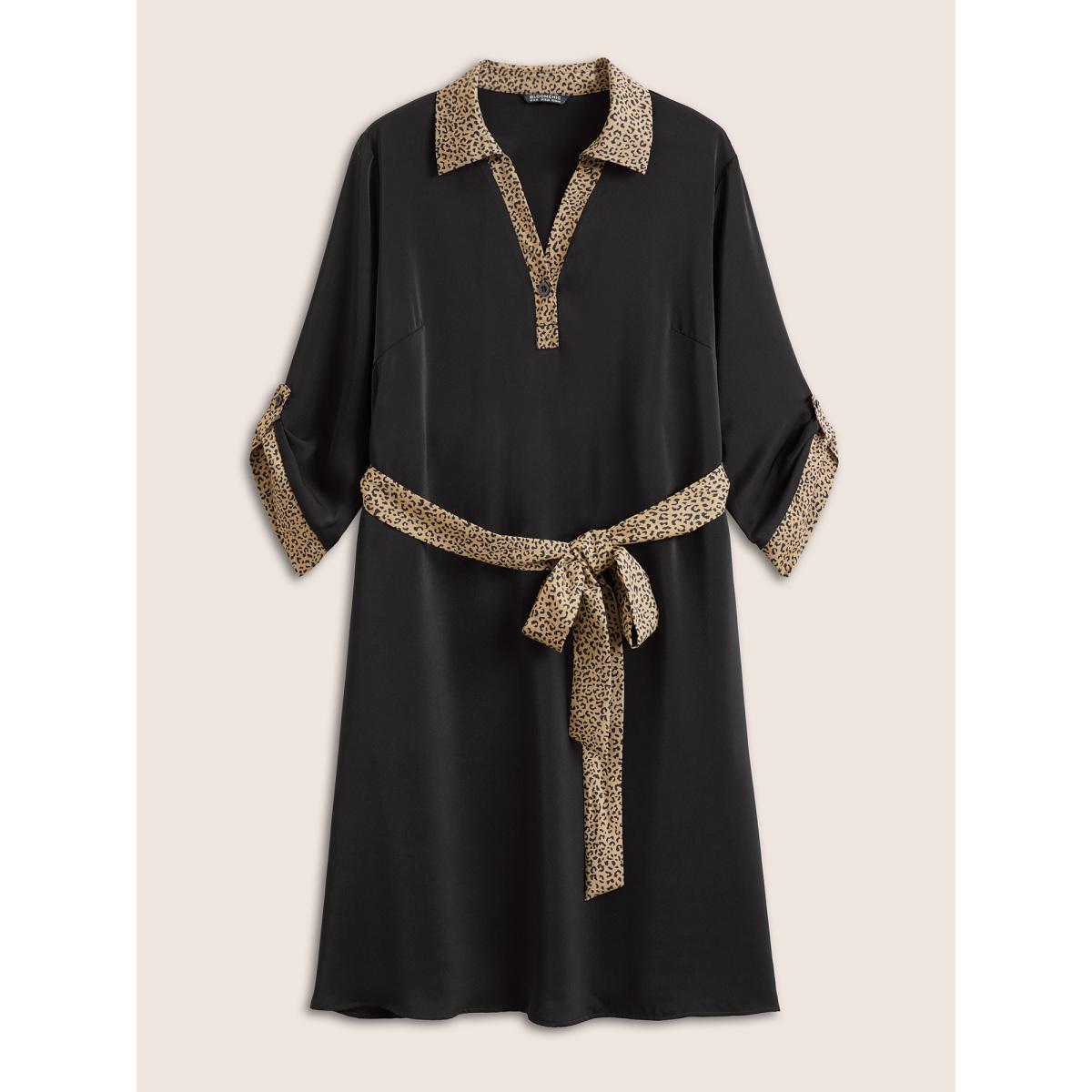 Plus Size Anti-Wrinkle Leopard Patchwork Tab Sleeve Dress Black Women At the Office Non Lapel Collar Elbow-length sleeve Curvy Midi Dress BloomChic 30/6X Product Image