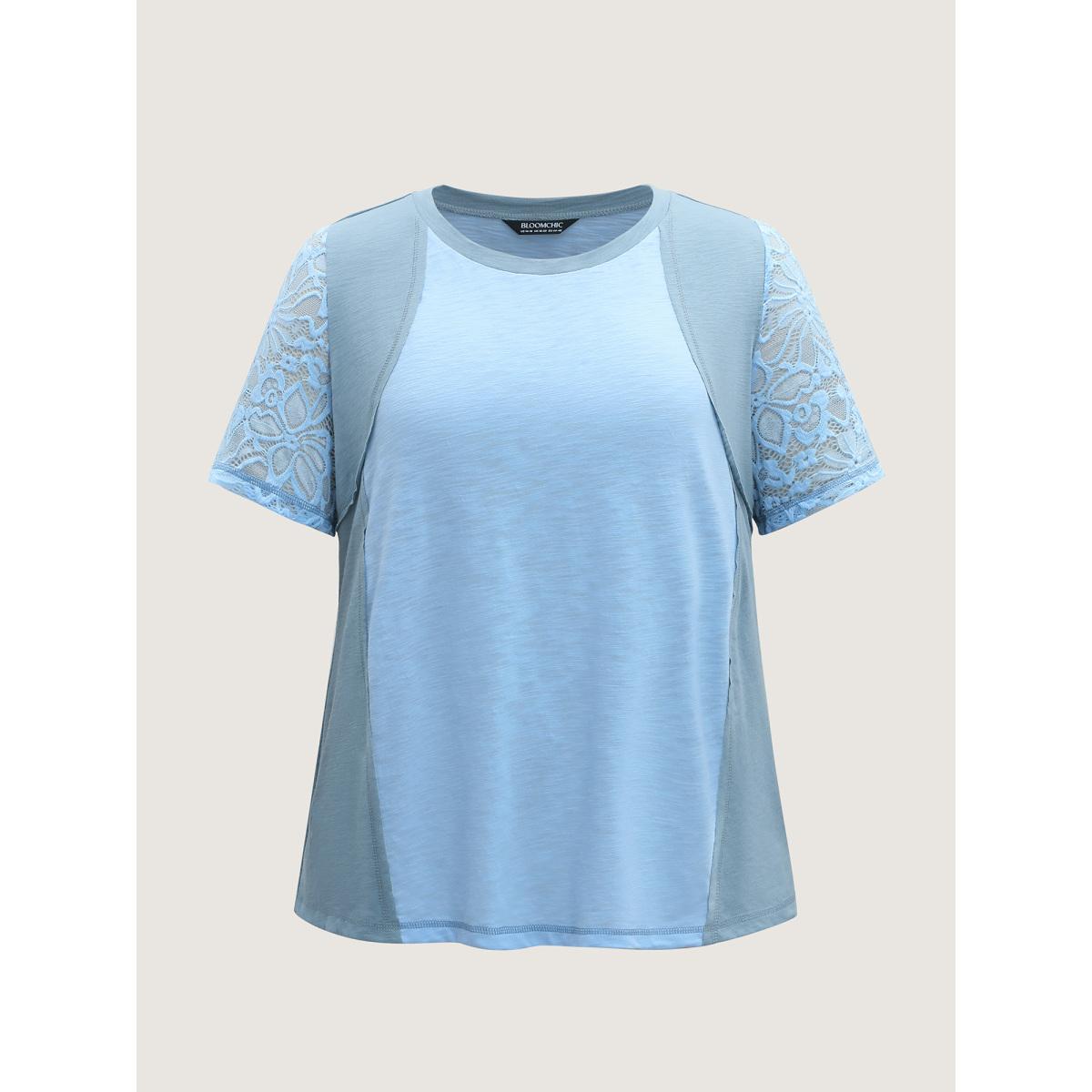 Plus Size Color Block Lace Panel Solid T-Shirt LightBlue Women See through Round Neck Everyday-Casual T-shirts BloomChic 30/6X Product Image