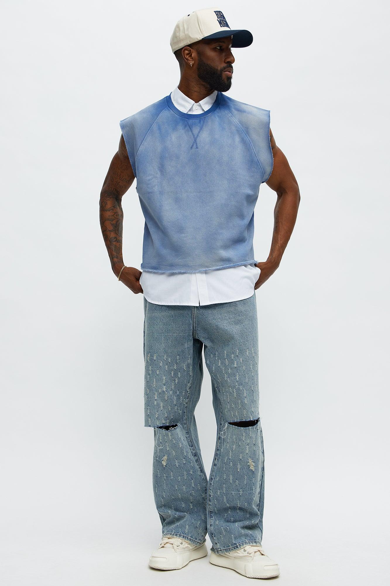 Baggy Scattered Distressed Jeans - Medium Blue Wash Male Product Image