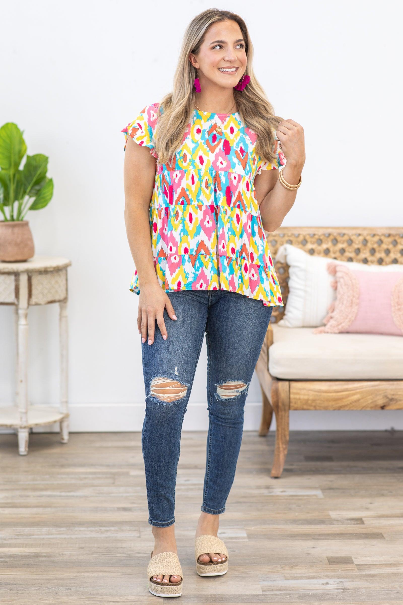 Pink and Sky Blue Abstract Tiered Woven Top Product Image