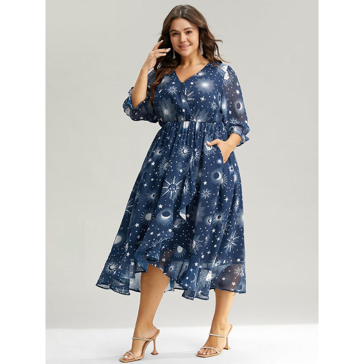 Plus Size Christmas Moon & Star Ruffles Mesh Wrap Dress Cyan Women Party Wrap Overlap Collar Elbow-length sleeve Curvy Midi Dress BloomChic 14-16/1X Product Image